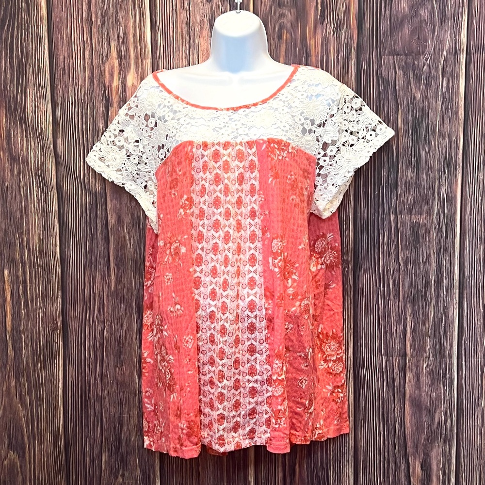 Suzanne Betro Floral Lace Pink-Coral Blouse, 2X